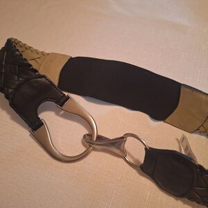 Stretch Panel Wide Black Woven Vegan Leather Belt 29" - 33" x 2" Silver Buckle